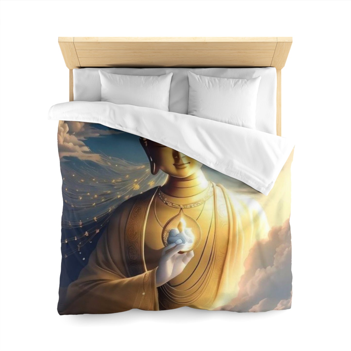 Golden Buddha in the Clouds Duvet Cover – Divine Serenity Bedding by Druvs (All Sizes, Ships Worldwide)