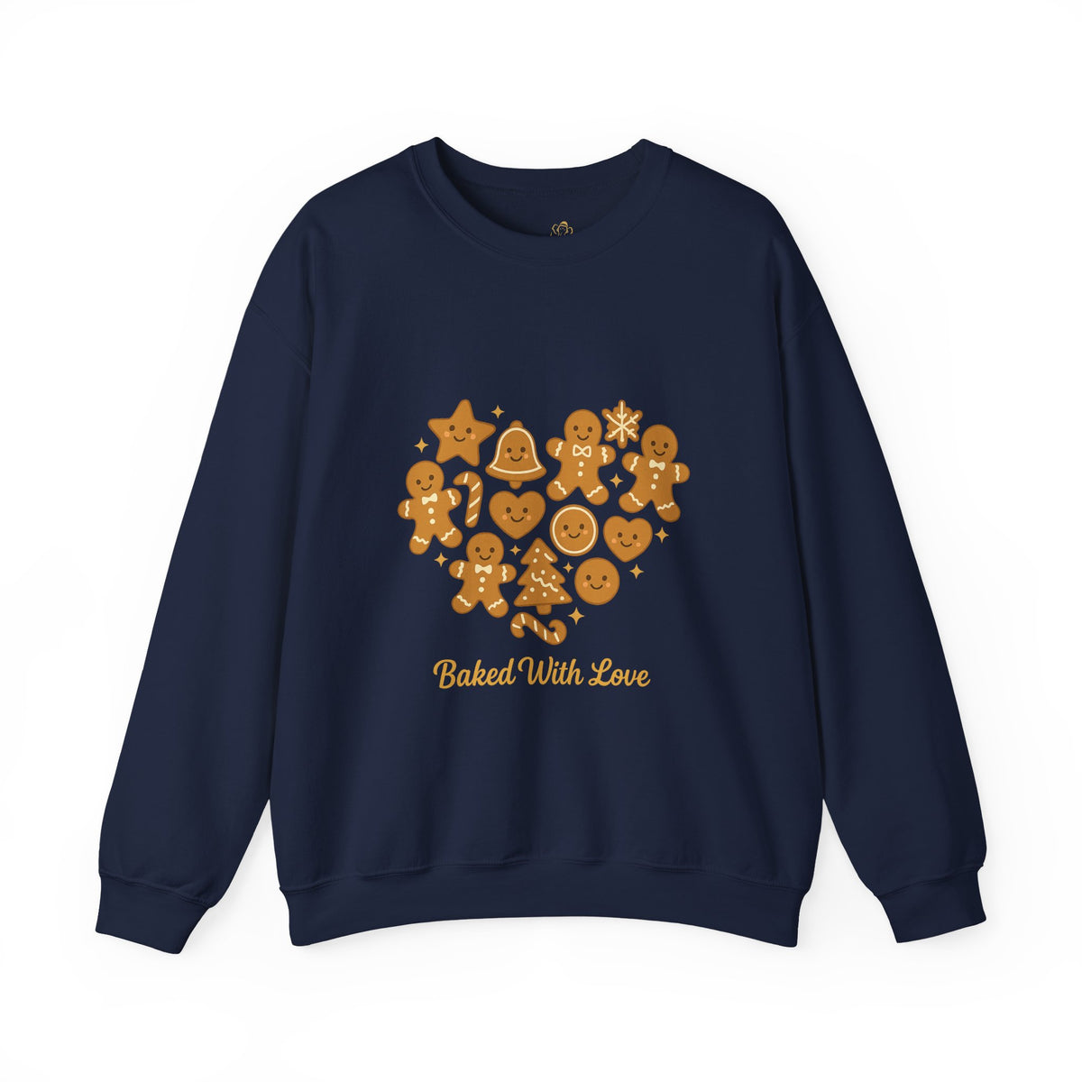 navy crewneck sweatshirt with Baked With Love gingerbread heart design