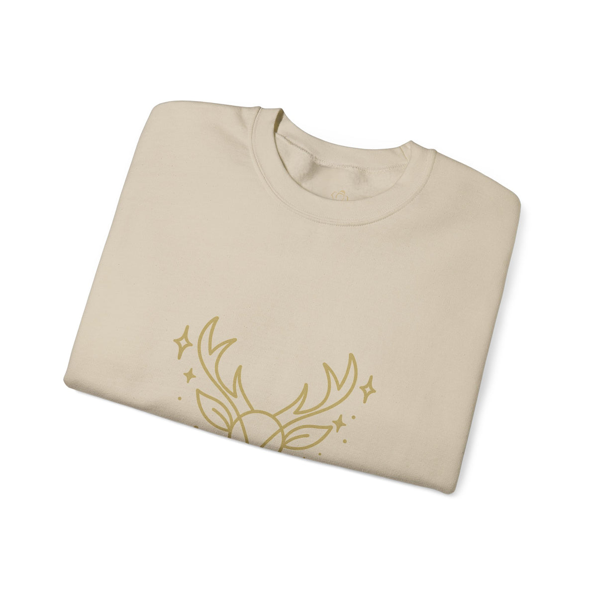 Folded sand sweatshirt showing minimalist gold-colored reindeer print