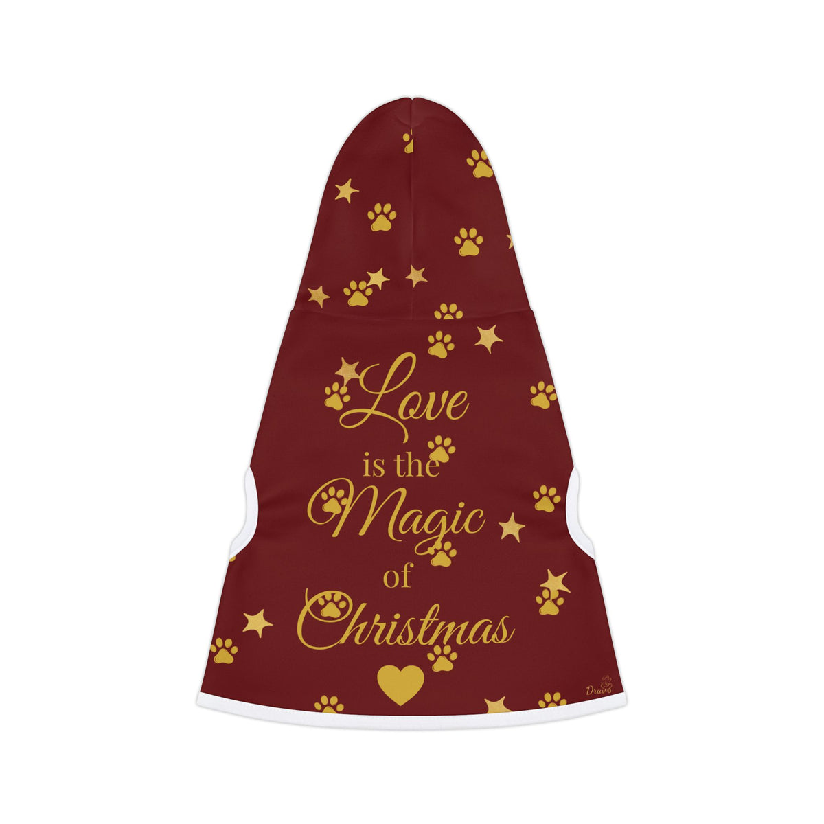 Back of red Christmas pet hoodie with love quote, paws and stars