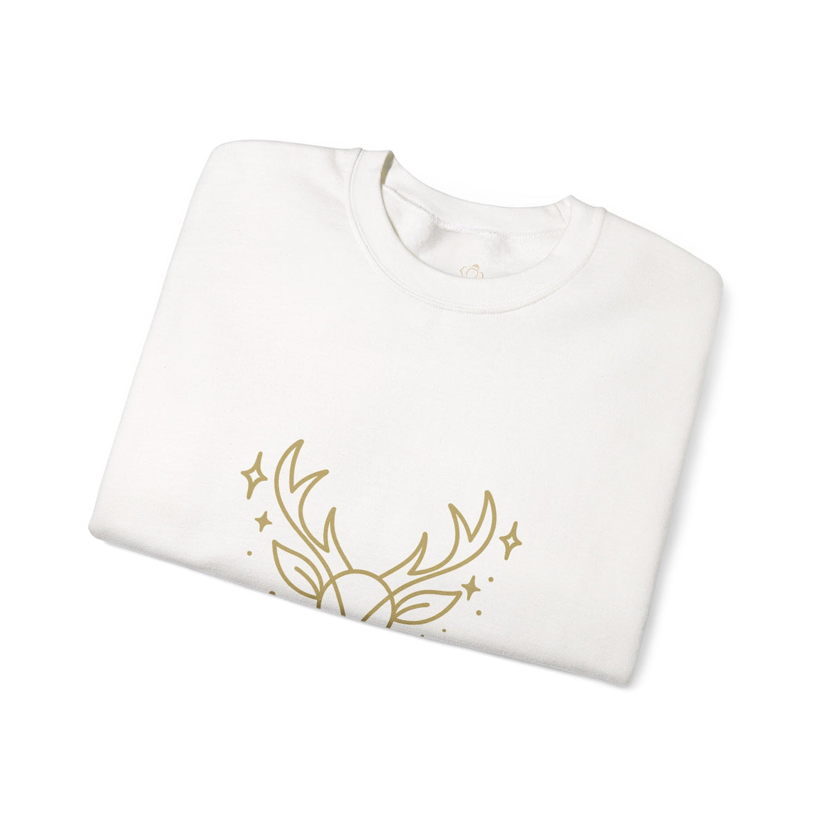 Folded white sweatshirt showing minimalist gold-colored reindeer print