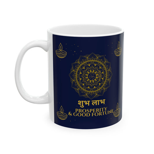Shubh Labh Diwali mug with navy and gold mandala design by Druvs
