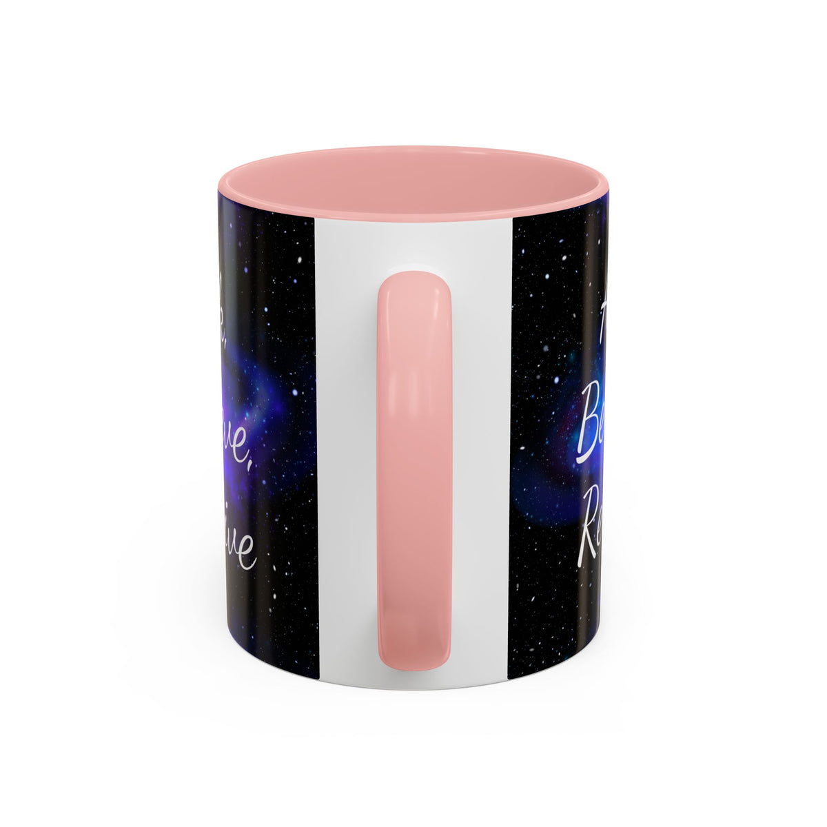 Ask Believe Receive two-tone manifestation mug with galaxy design by Druvs