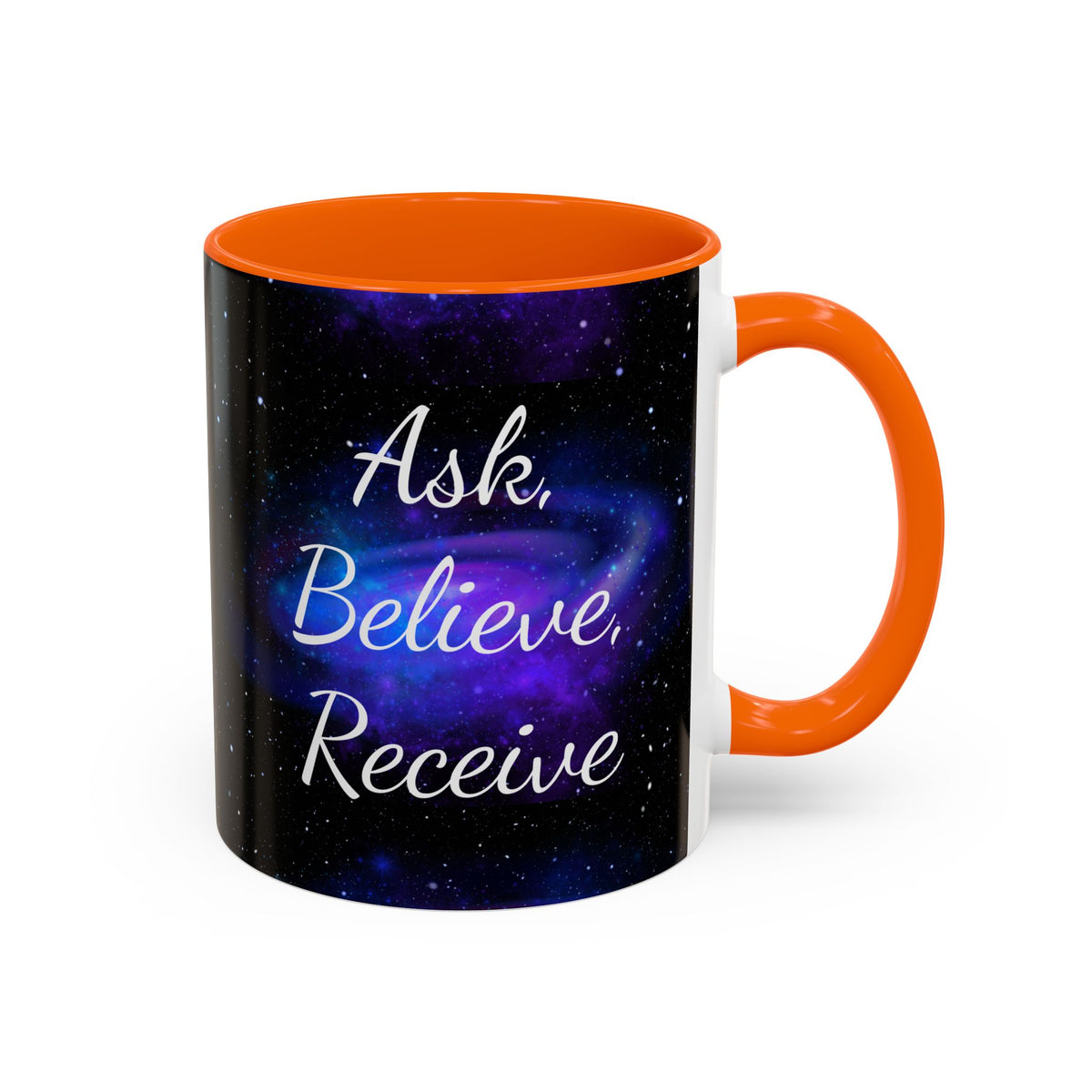 Ask Believe Receive two-tone manifestation mug with galaxy design by Druvs