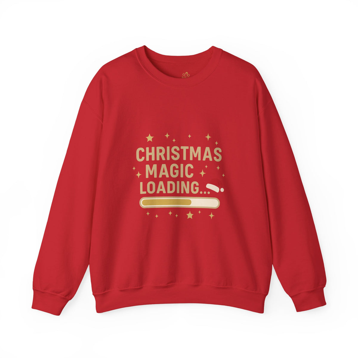 red crewneck sweatshirt with Christmas Magic Loading Santa hat design