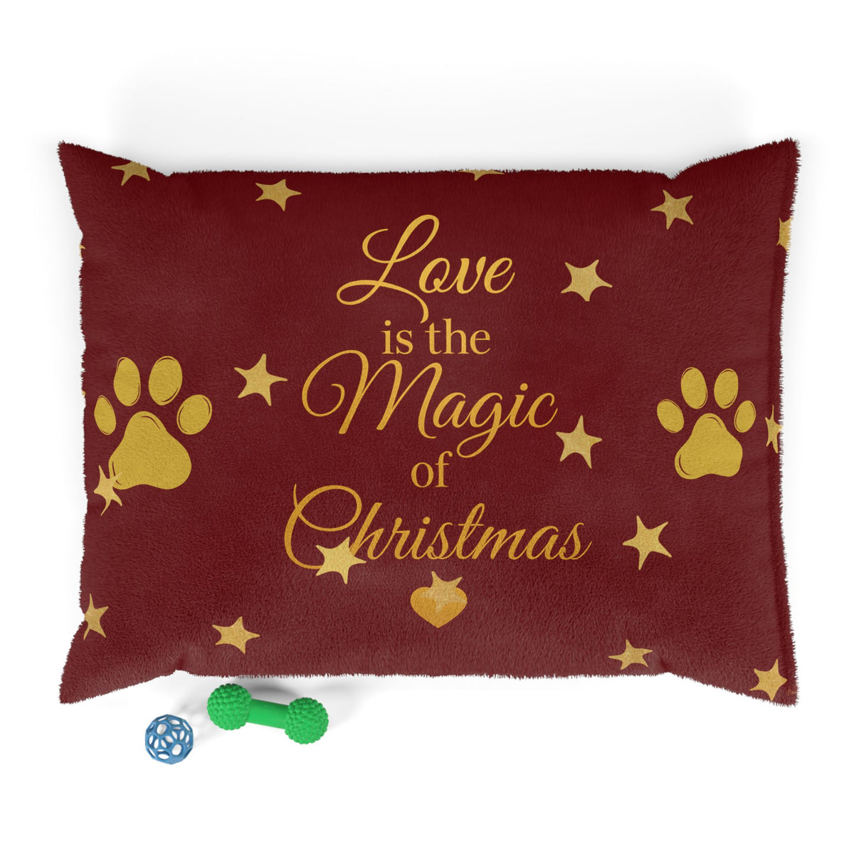 Red and gold-colored Christmas pet bed with paw prints, stars and love quote