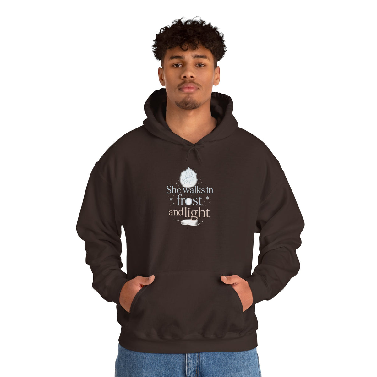 Model wearing a dark chocolate She Walks in Frost and Light hoodie