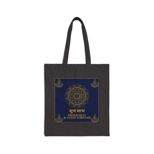 Shubh Labh Diwali tote bag with navy and gold mandala design