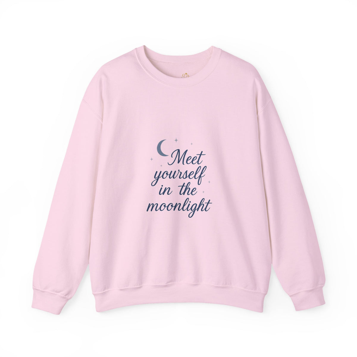 Pink sweatshirt with navy "Meet yourself in the moonlight" and a crescent moon