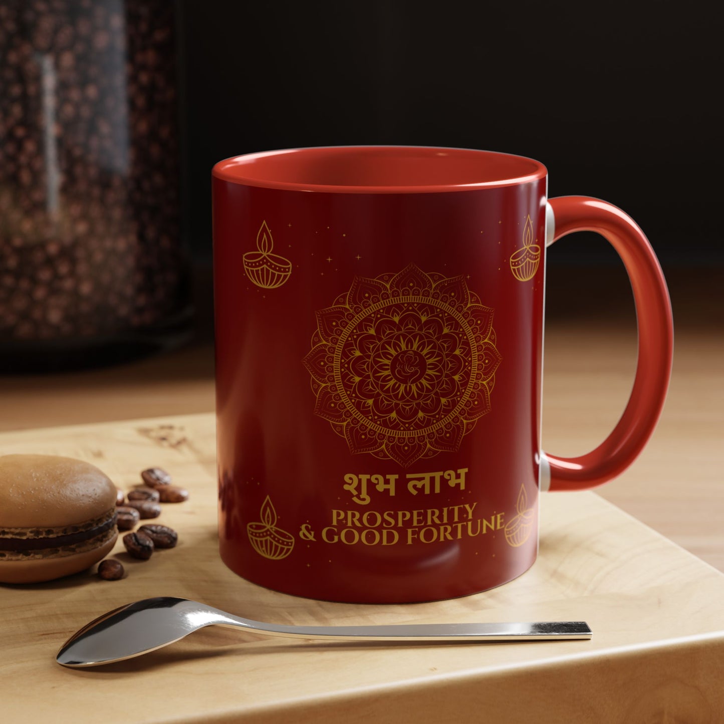Shubh Labh Mug – Prosperity & Good Fortune Diwali Mug with Mandala & Diyas (Red & Gold)