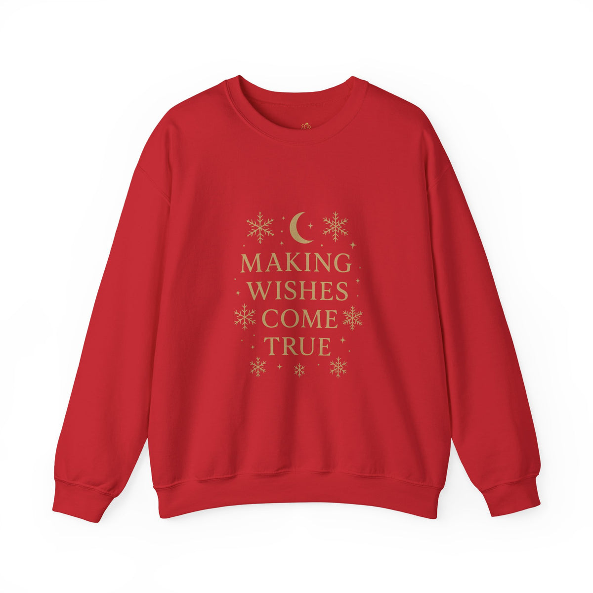 red crewneck sweatshirt with Making Wishes Come True moon and snowflake design