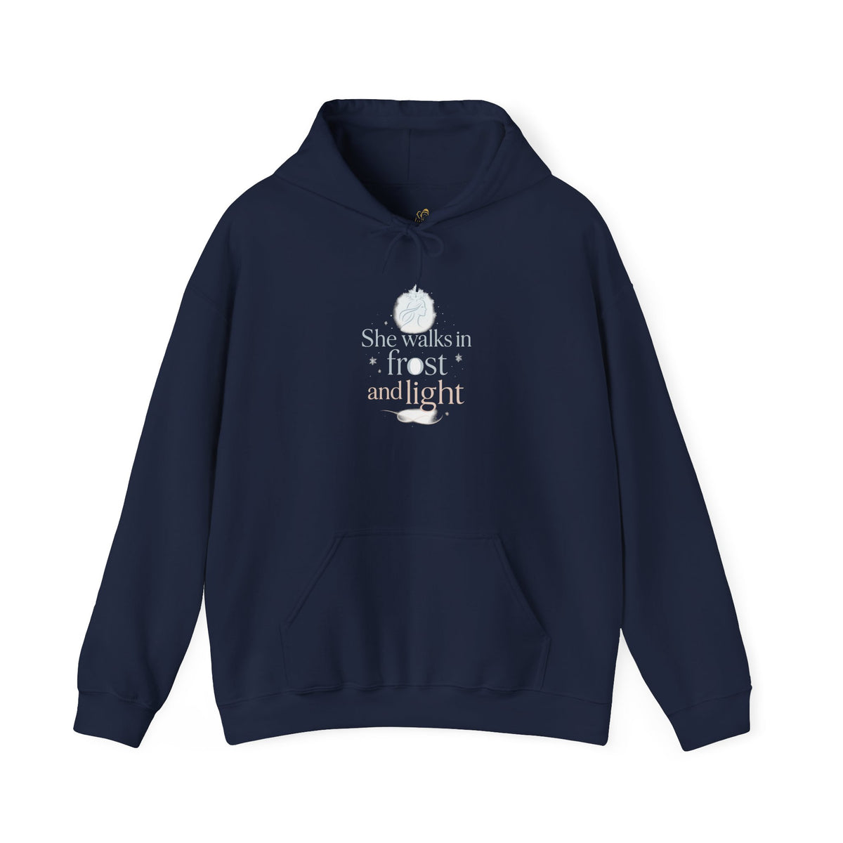 navy hoodie with She Walks in Frost and Light moon design on the front
