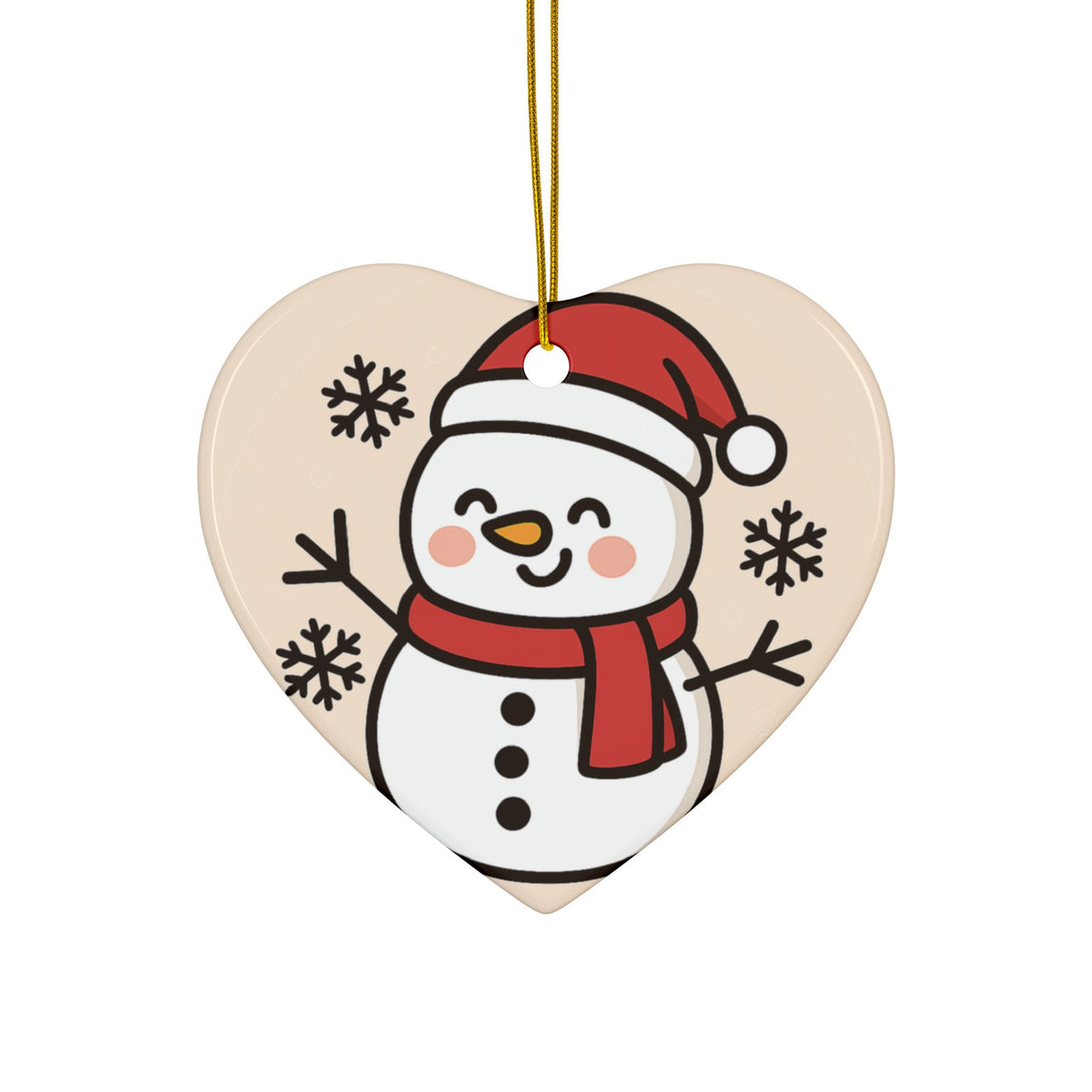 Heart-shaped ceramic Christmas ornament with smiling snowman, red hat and scarf
