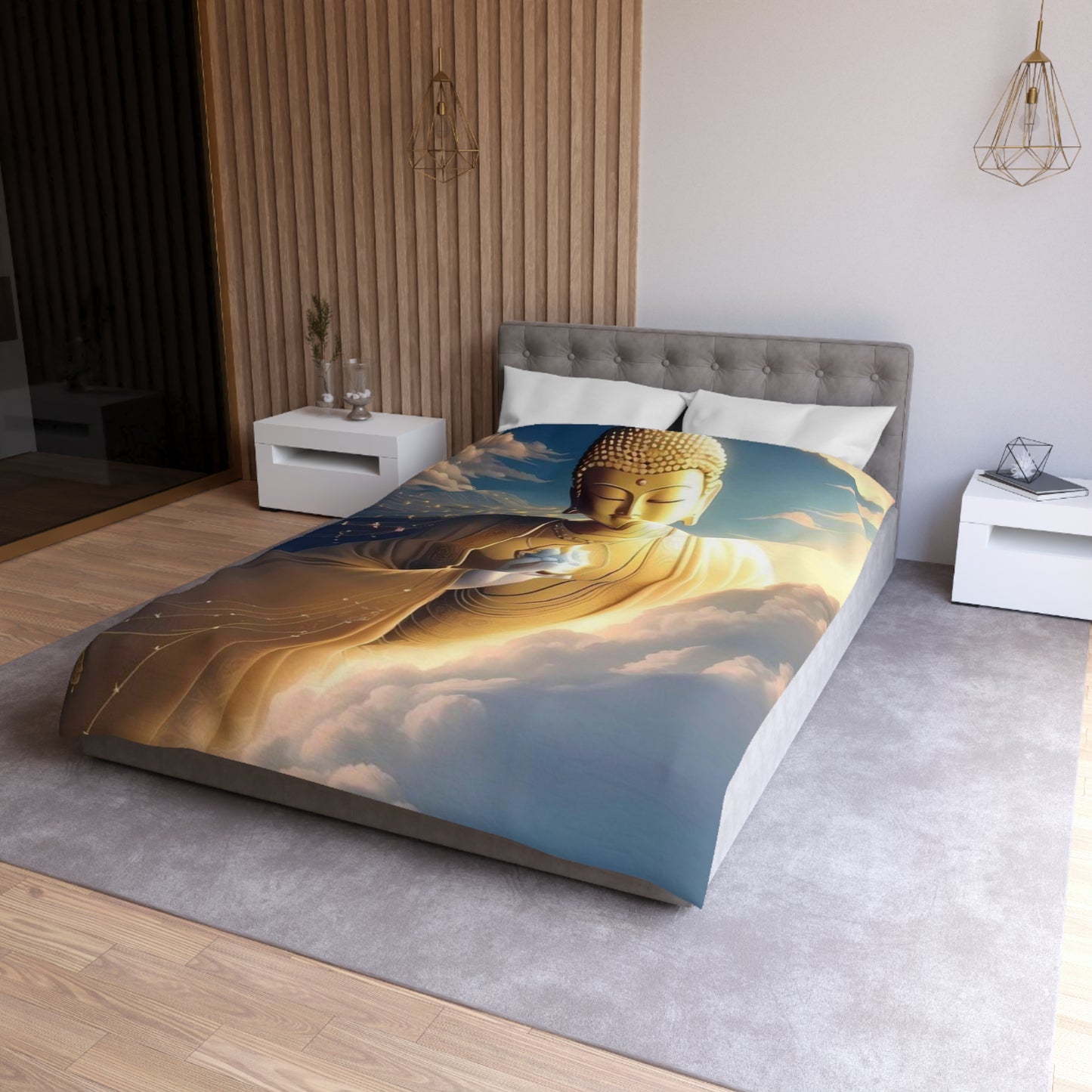 Golden Buddha in the Clouds Duvet Cover – Divine Serenity Bedding by Druvs (All Sizes, Ships Worldwide)