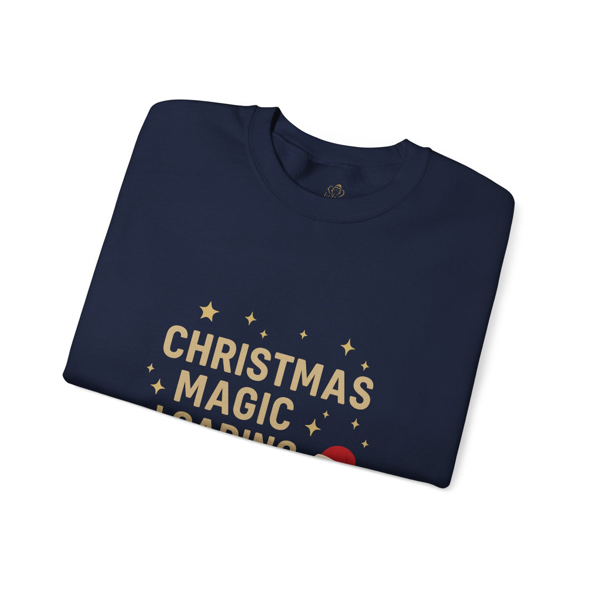 Folded navy sweatshirt showing Christmas Magic Loading Santa hat print