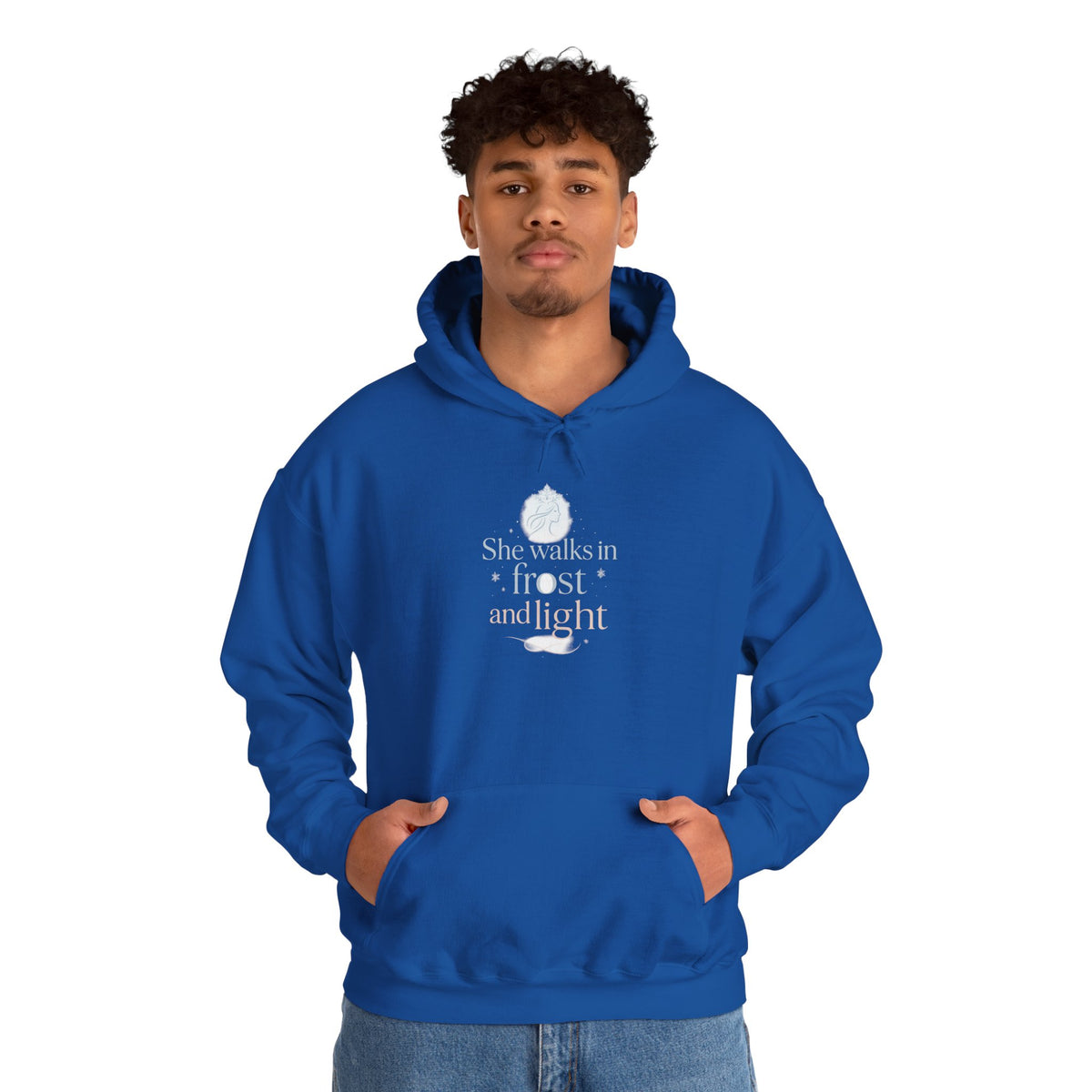 Model wearing a royal blue She Walks in Frost and Light hoodie