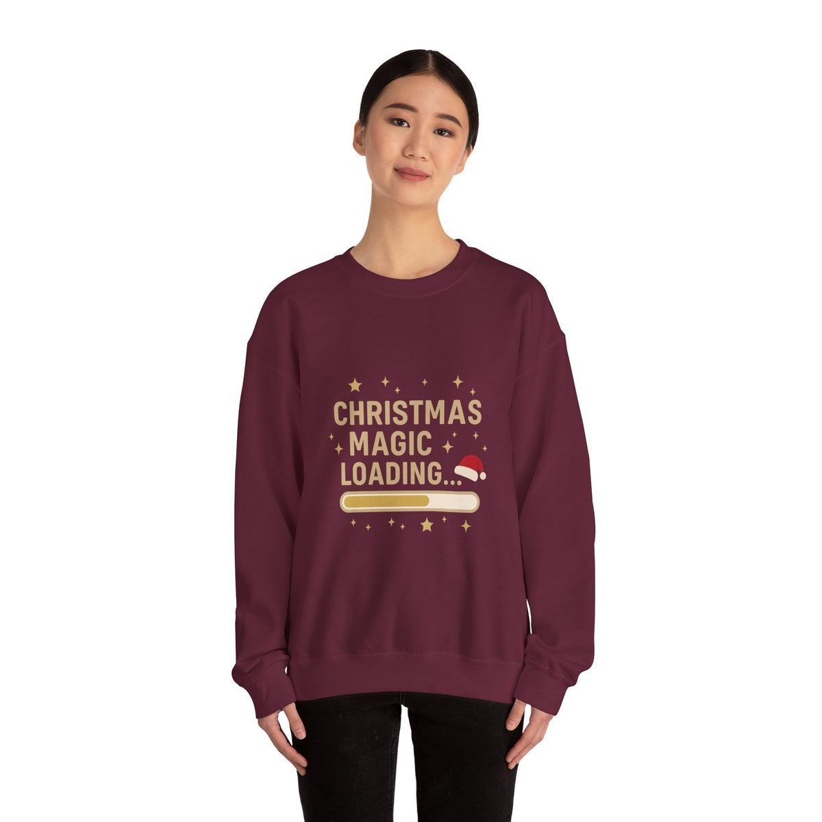 Model wearing a maroon Christmas Magic Loading Santa hat sweatshirt
