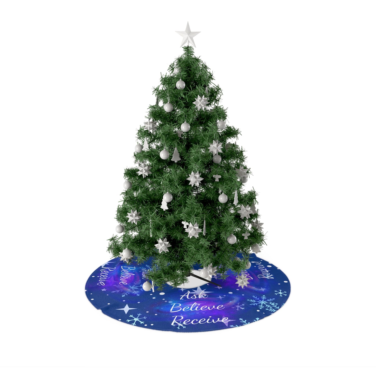 “Ask Believe Receive” Cosmic Christmas Tree Skirt – Spiritual Holiday Decor by Druvs