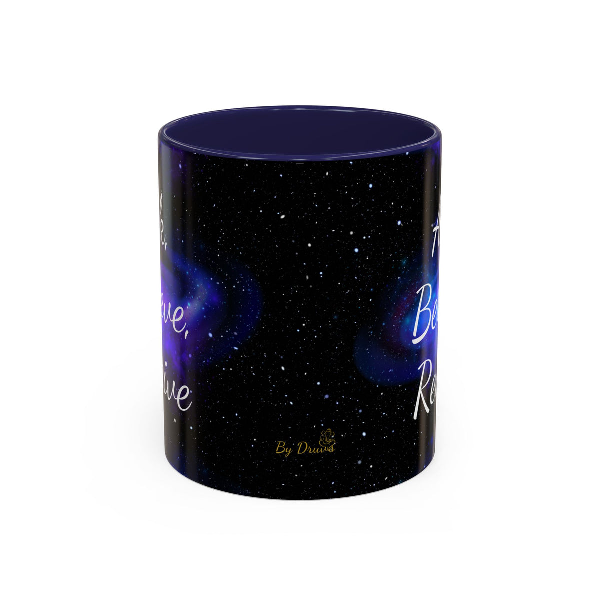 Ask Believe Receive two-tone manifestation mug with galaxy design by Druvs