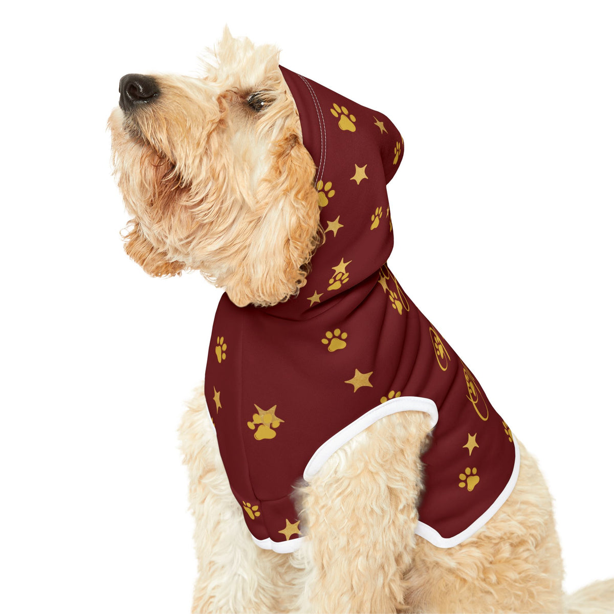 Dog wearing red Christmas pet hoodie with hood raised