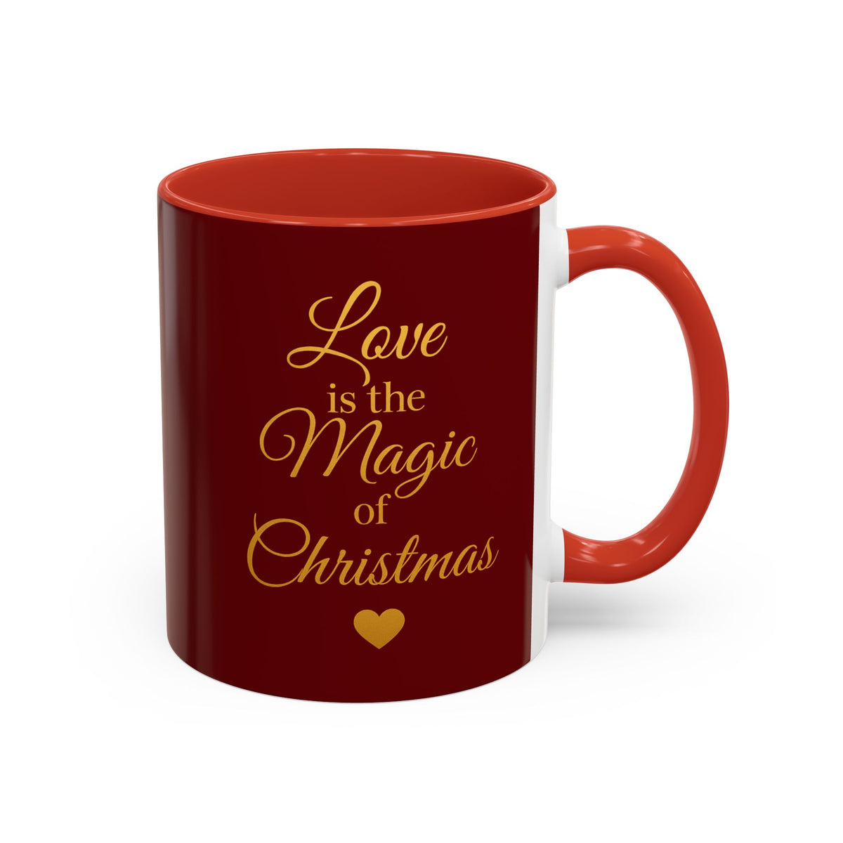 Love Is the Magic of Christmas ceramic mug with red handle, red interior and gold-colored script