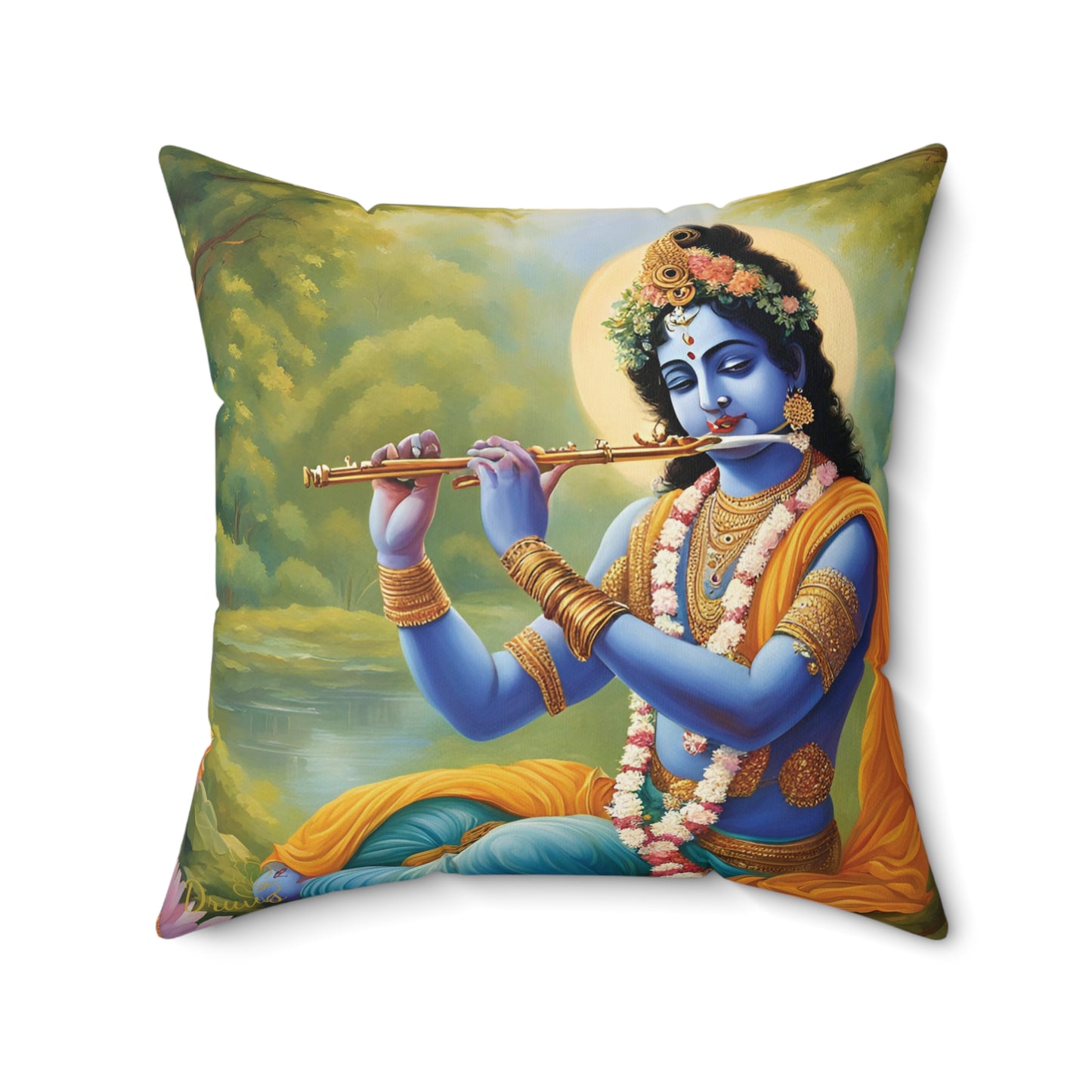 Lord Krishna Playing Flute Cushion Pillow – Spiritual Home Decor