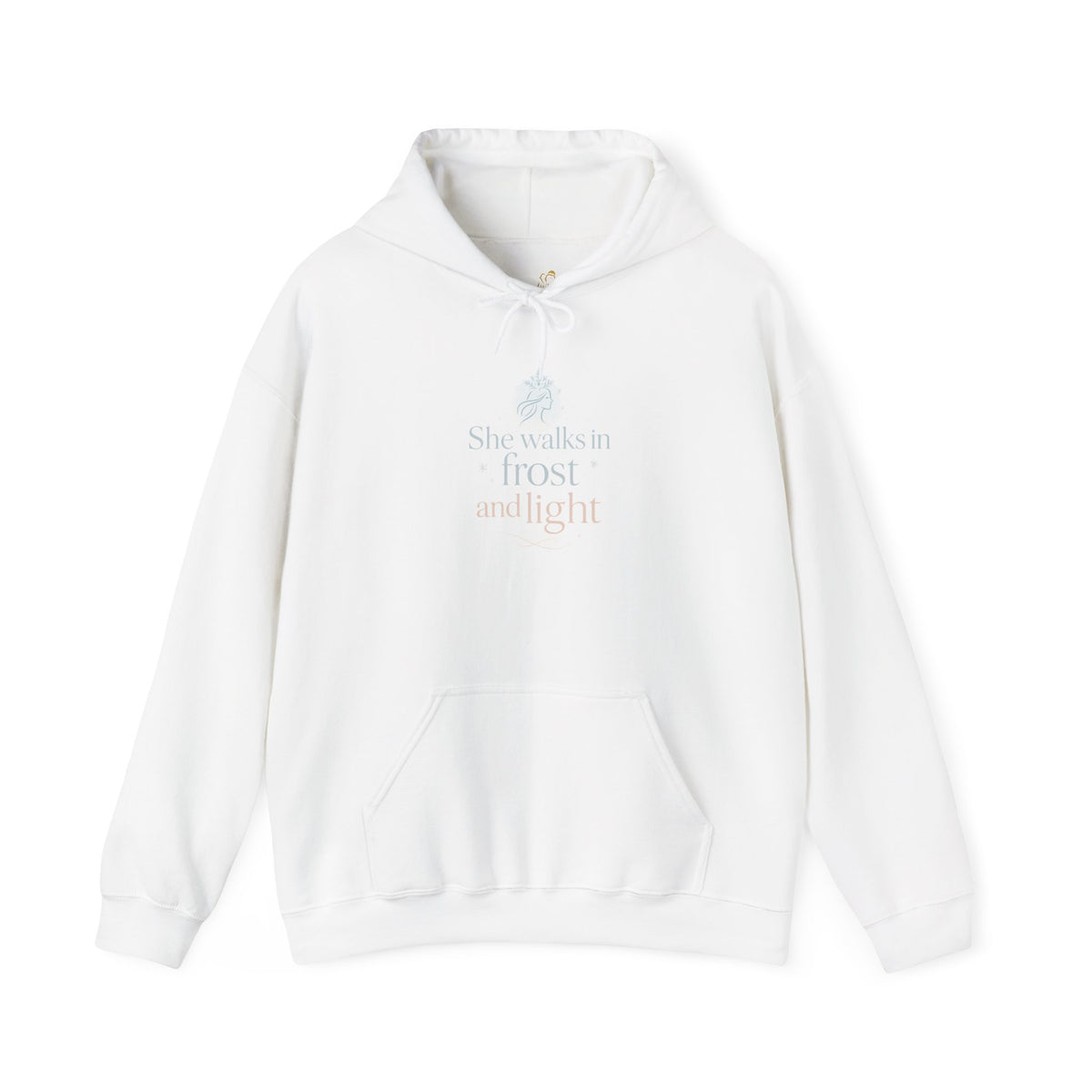 white hoodie with She Walks in Frost and Light moon design on the front