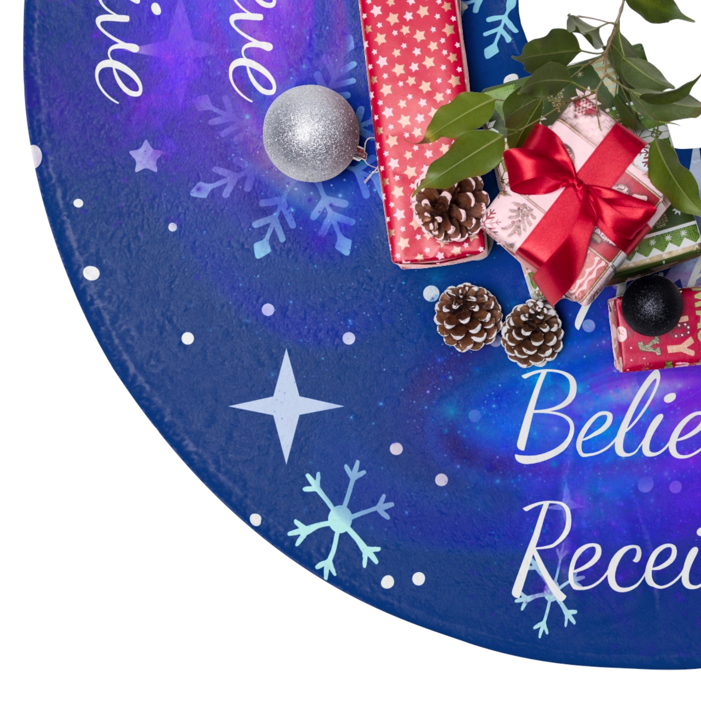 “Ask Believe Receive” Cosmic Christmas Tree Skirt – Spiritual Holiday Decor by Druvs