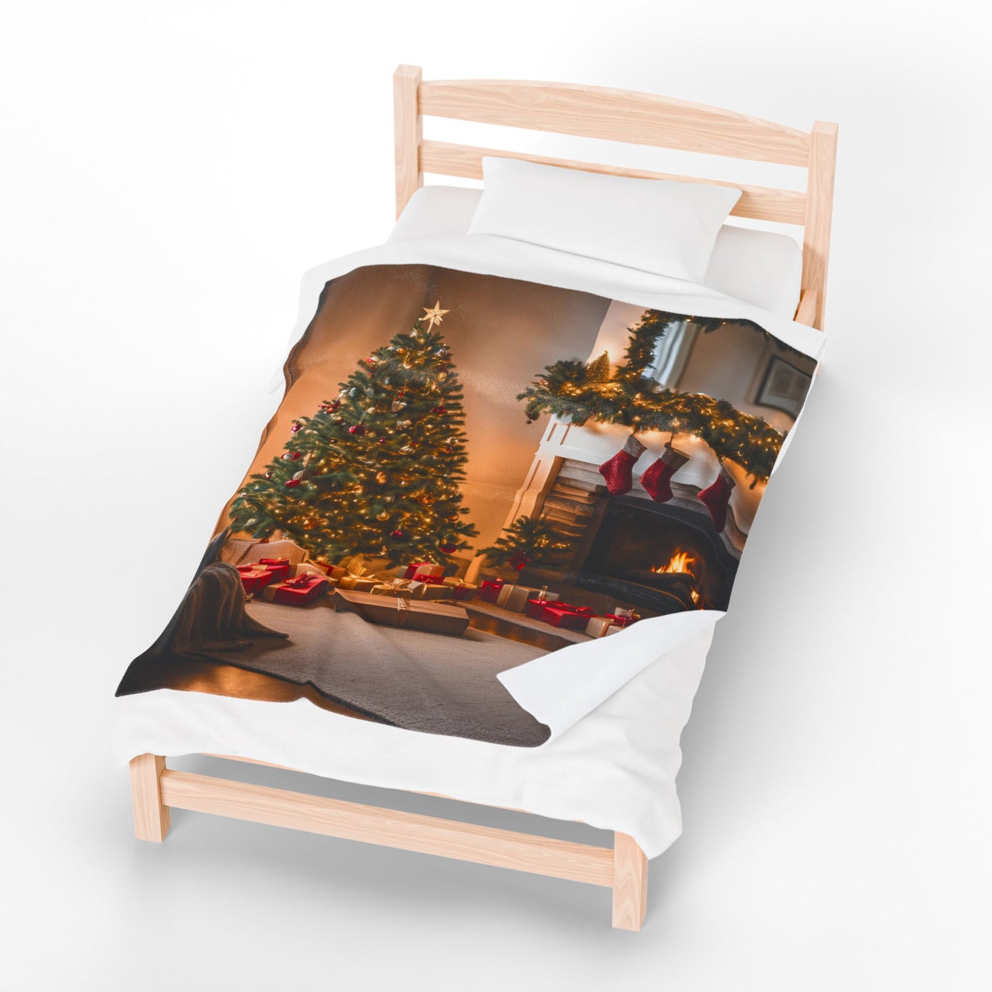 Velveteen Christmas Fireplace & Tree Blanket – Cozy Holiday Fleece Throw with Gifts & Lights