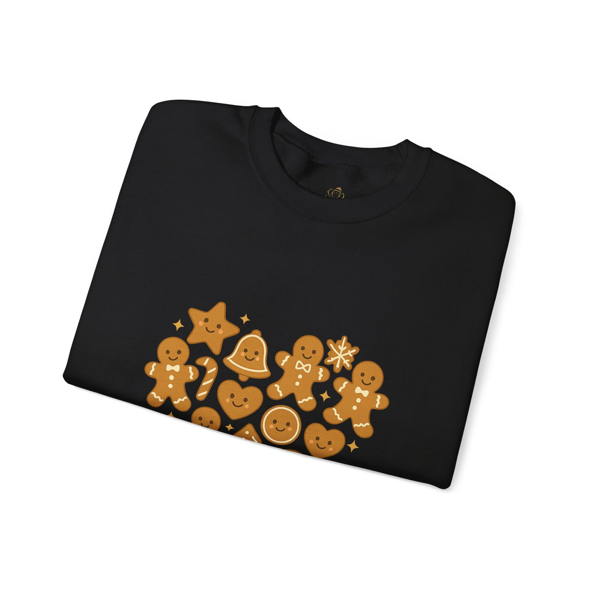 Folded black sweatshirt showing Baked With Love gingerbread heart print