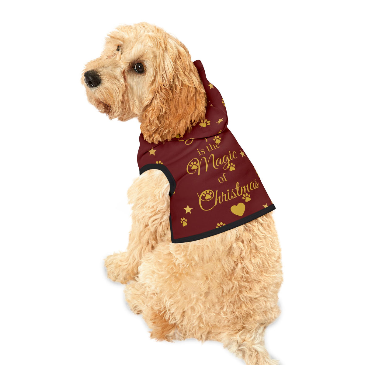 Side view of dog in red Christmas pet hoodie with black trim