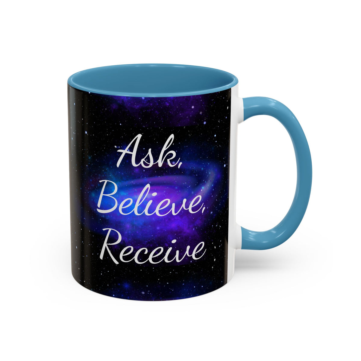 Ask Believe Receive two-tone manifestation mug with galaxy design by Druvs