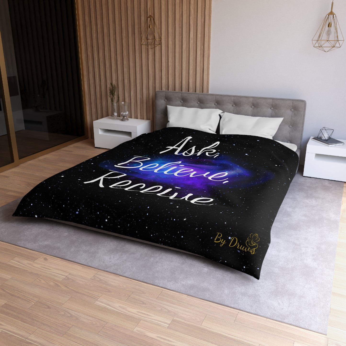 Ask Believe Receive Duvet Cover – Law of Attraction Cosmic Bedding by Druvs (Multiple Sizes, Worldwide Shipping)