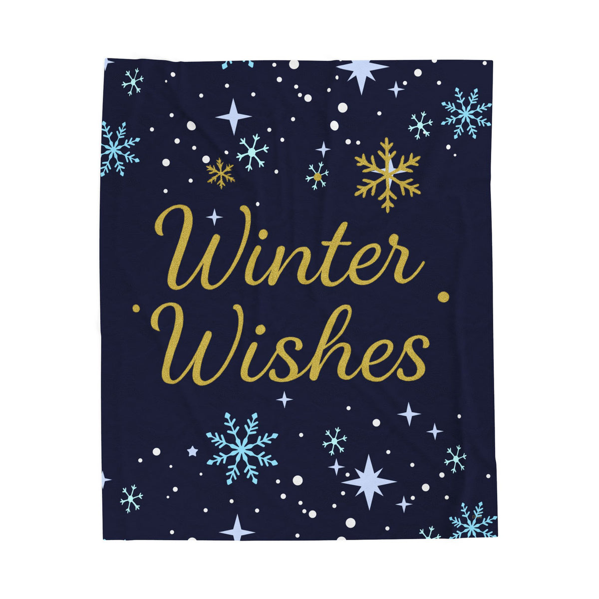 Navy sherpa throw with gold "Winter Wishes" script and blue snowflakes