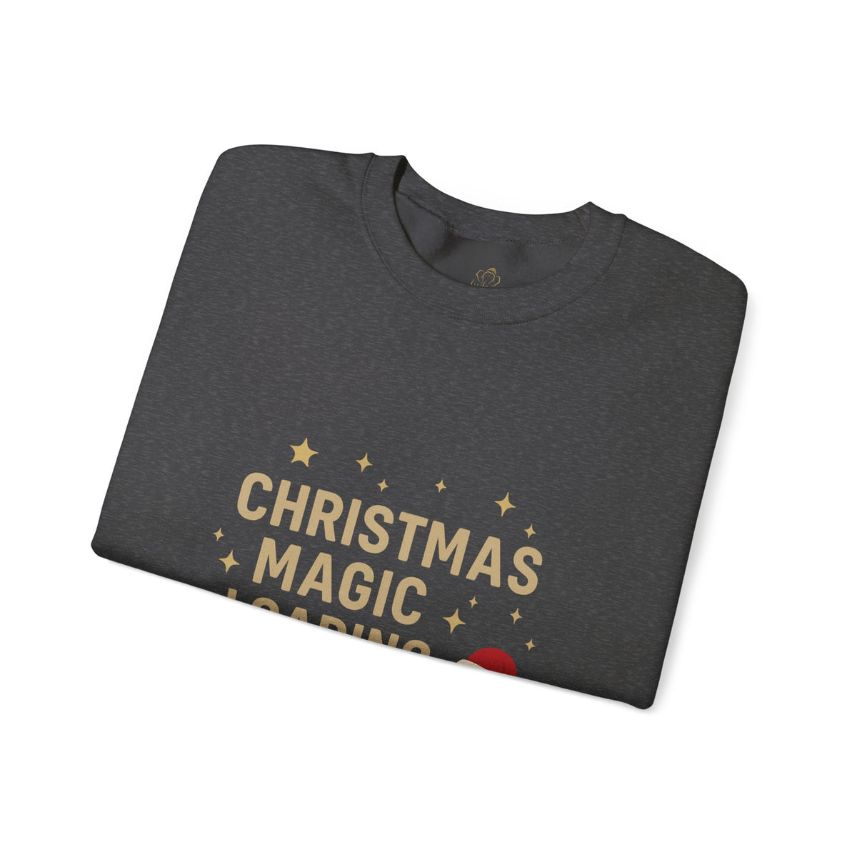 Folded dark heather sweatshirt showing Christmas Magic Loading Santa hat print