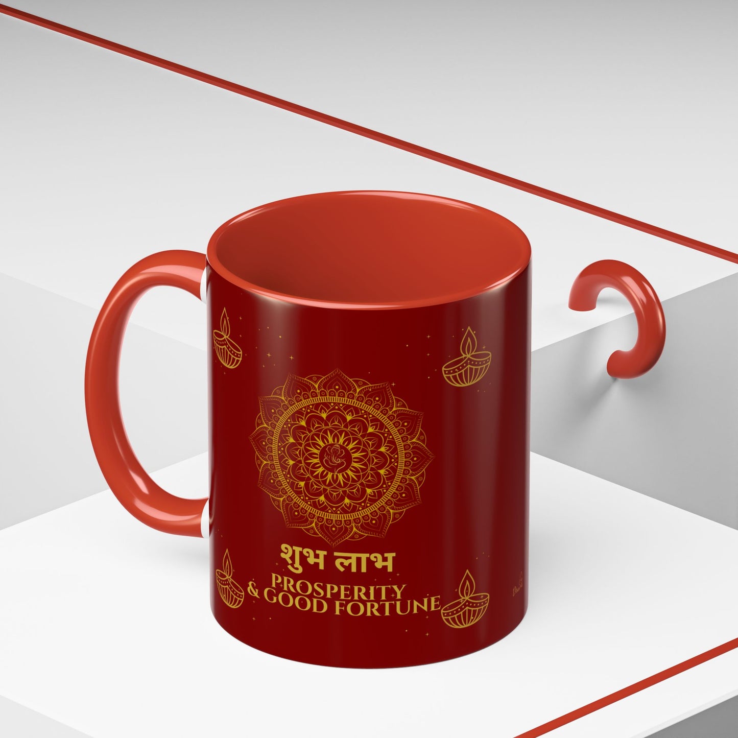 Shubh Labh Mug – Prosperity & Good Fortune Diwali Mug with Mandala & Diyas (Red & Gold)