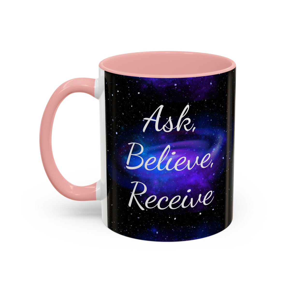 Ask Believe Receive two-tone manifestation mug with galaxy design by Druvs