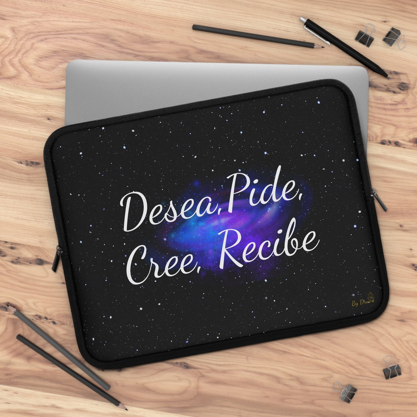 “Desea, Pide, Cree, Recibe” Laptop Sleeve – Galaxy Manifestation Case by Druvs (Multiple Sizes)