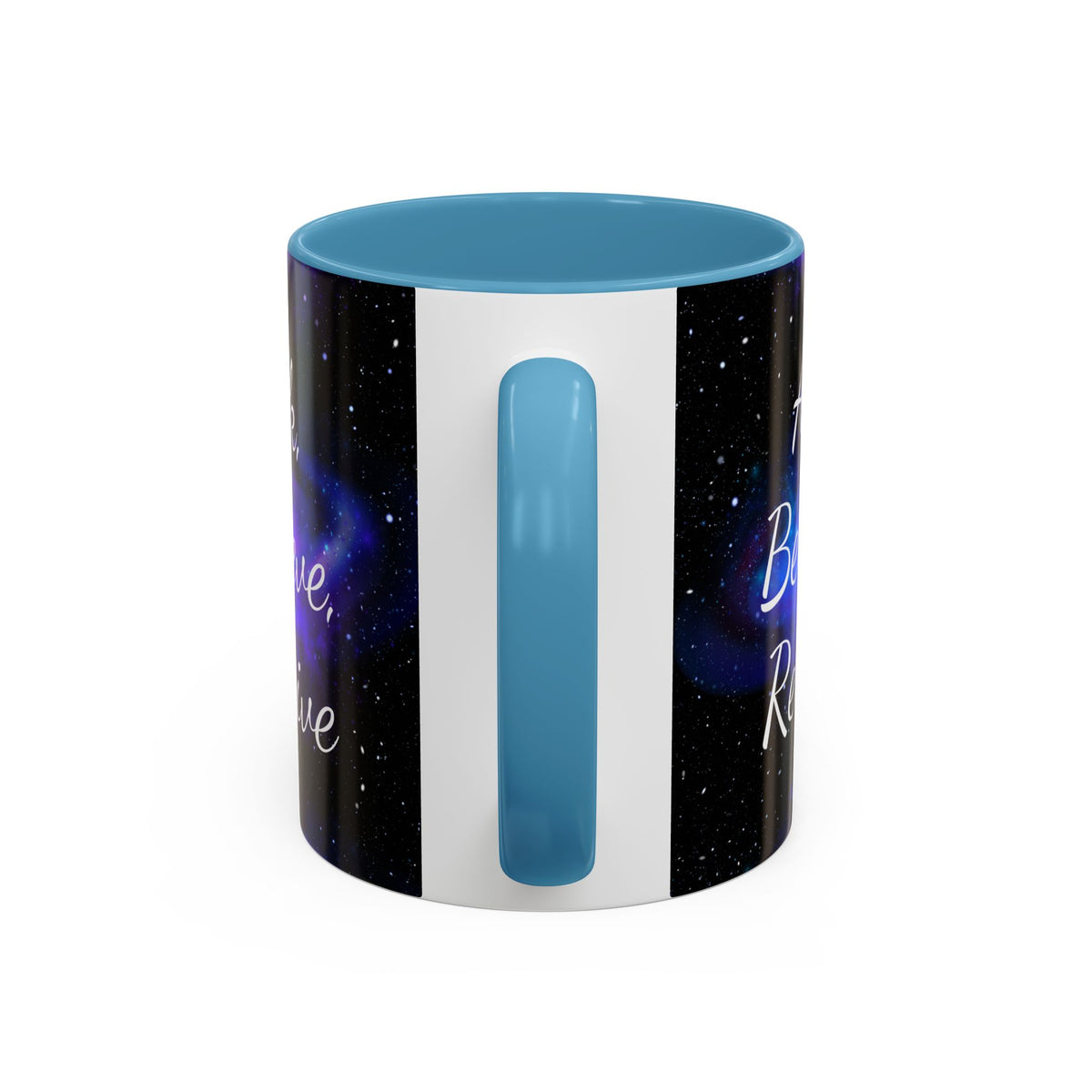 Ask Believe Receive two-tone manifestation mug with galaxy design by Druvs