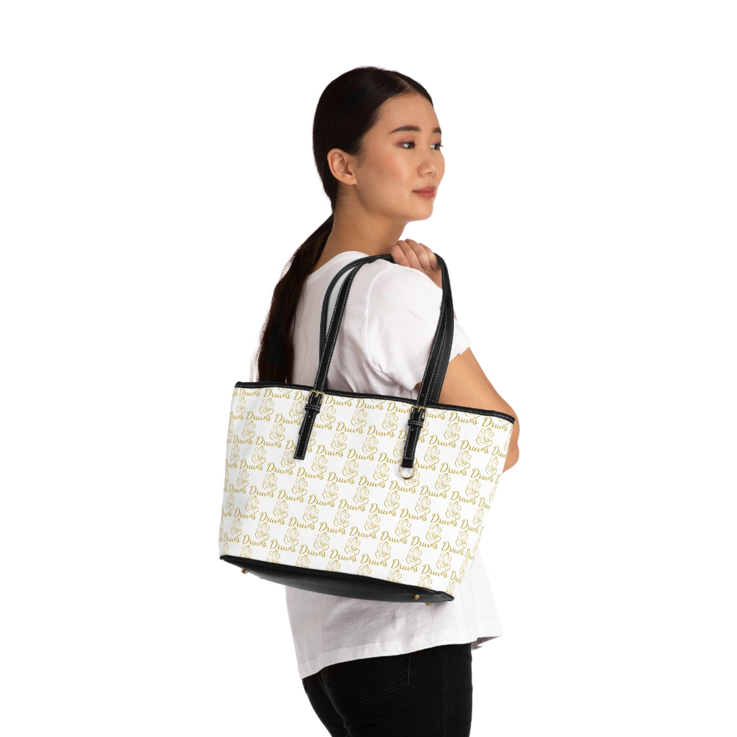 White Druvs Monogram Shoulder Bag – Elegant Leather Tote | 100% PU