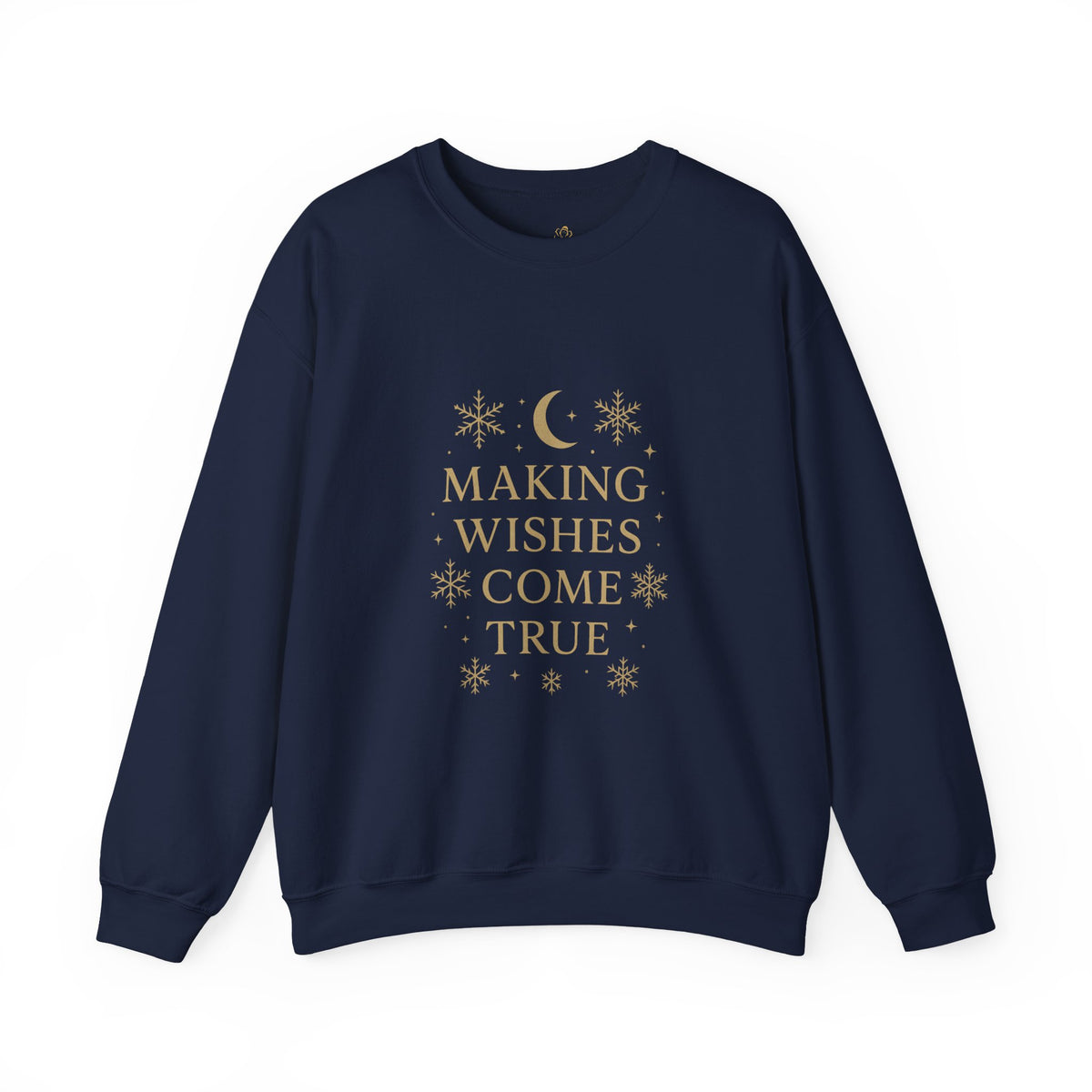 navy crewneck sweatshirt with Making Wishes Come True moon and snowflake design
