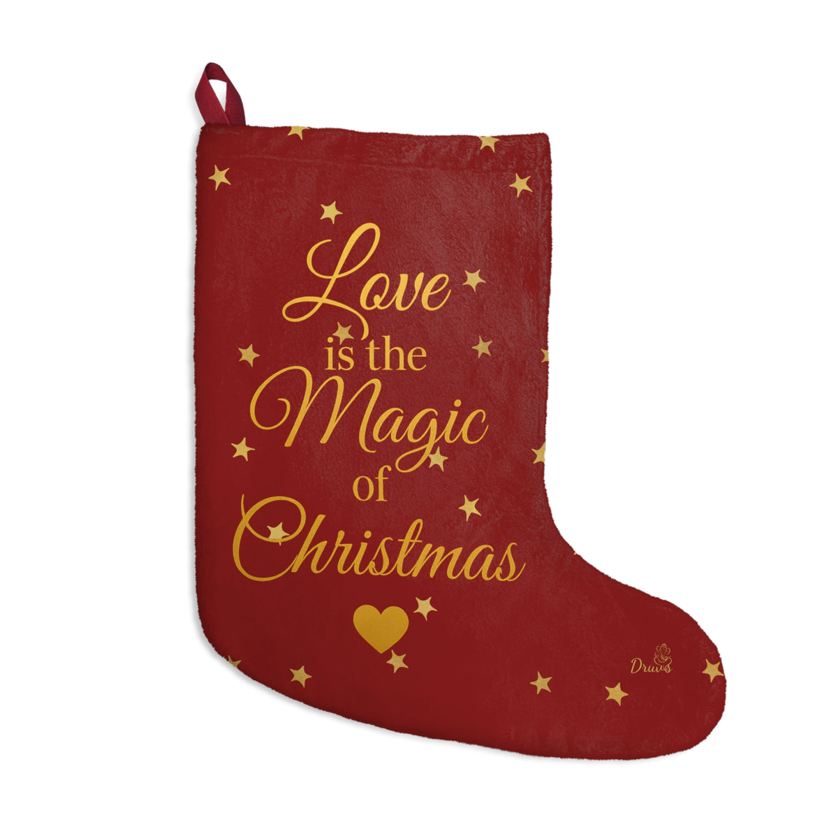 Red Christmas stocking with Love Is the Magic of Christmas in gold-colored script, stars and heart