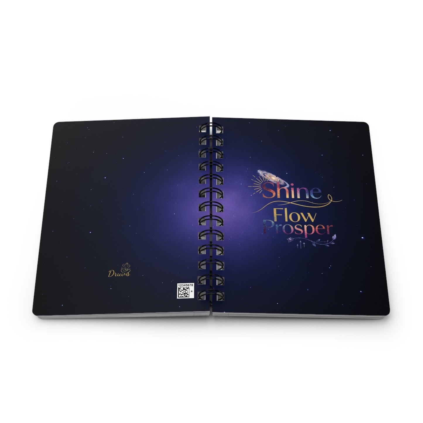 Shine Flow Prosper Journal – Cosmic Manifestation Spiral Notebook by Druvs