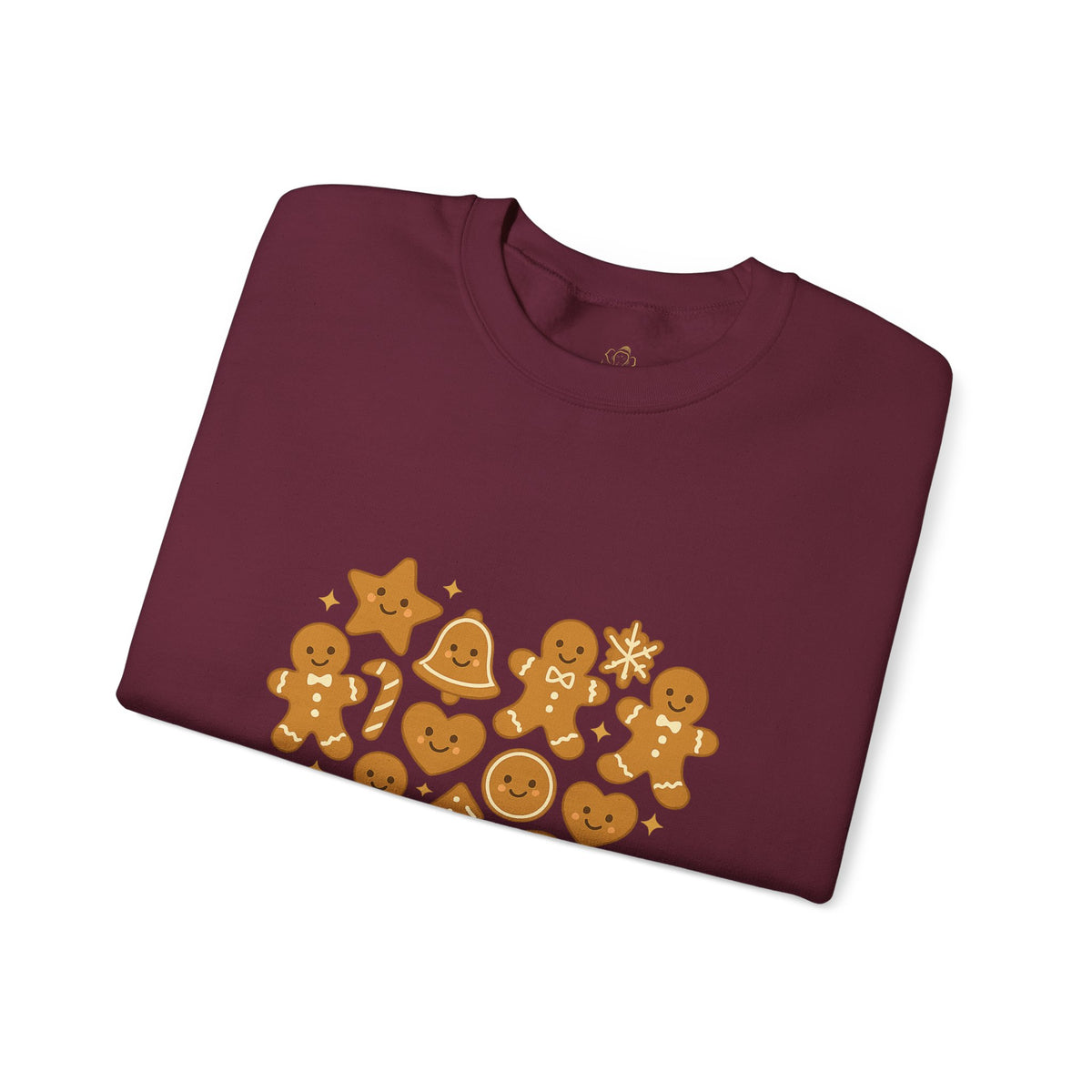 Folded maroon sweatshirt showing Baked With Love gingerbread heart print