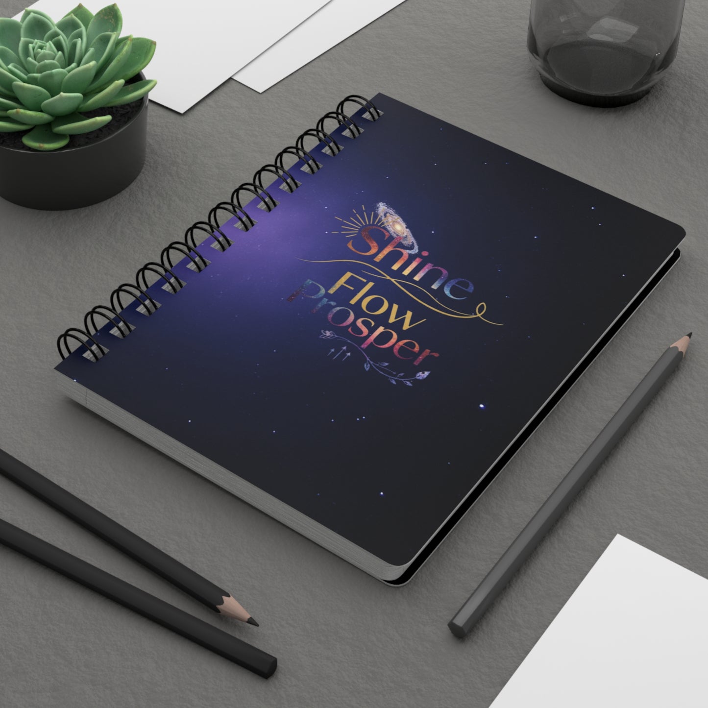 Shine Flow Prosper Journal – Cosmic Manifestation Spiral Notebook by Druvs
