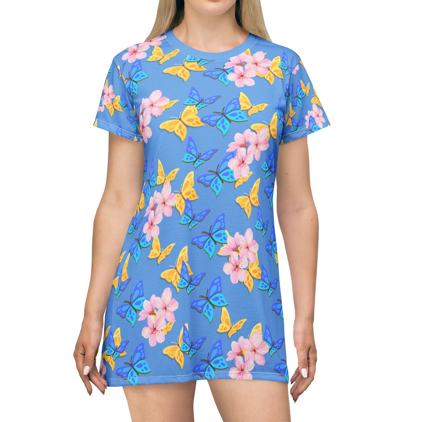 Butterfly Bloom Women's T-Shirt Dress – Vibrant Floral & Butterfly Print by Druvs
