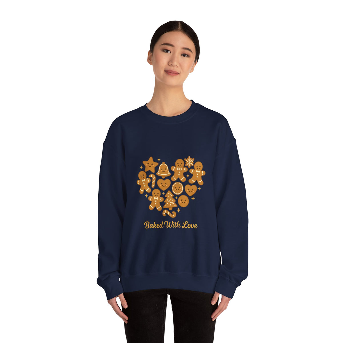 Model wearing a navy Baked With Love gingerbread heart sweatshirt