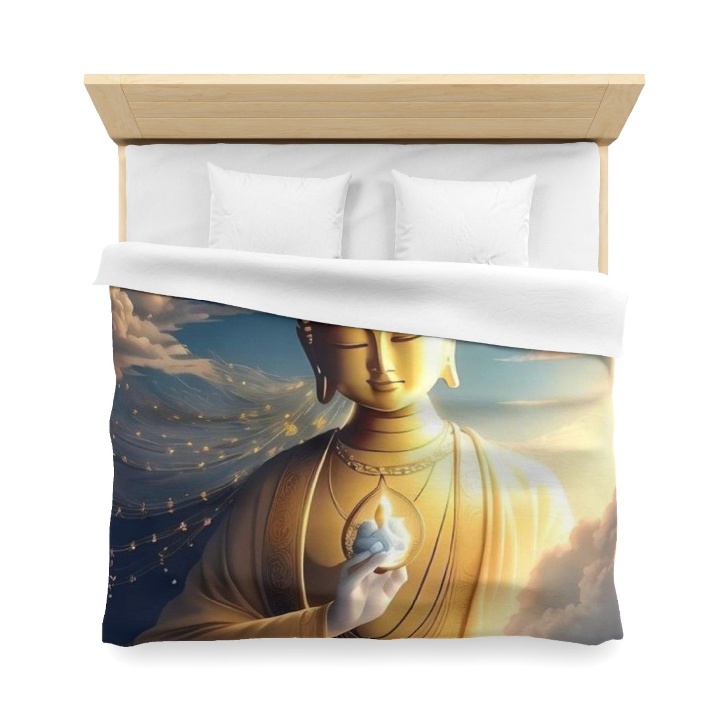 Golden Buddha in the Clouds Duvet Cover – Divine Serenity Bedding by Druvs (All Sizes, Ships Worldwide)