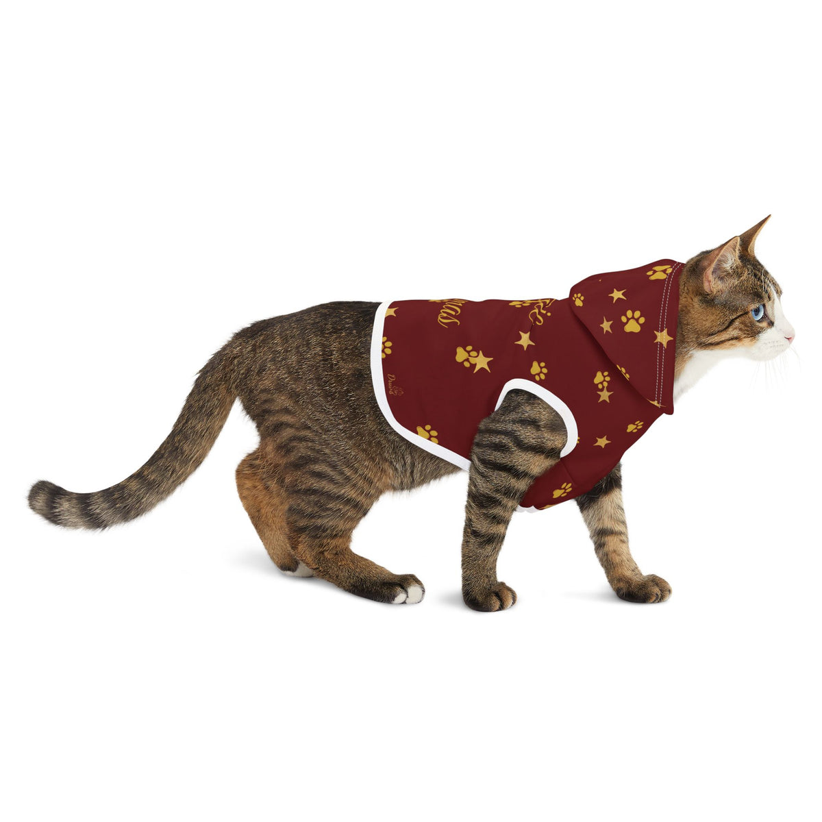 Cat wearing red Christmas pet hoodie viewed from the side