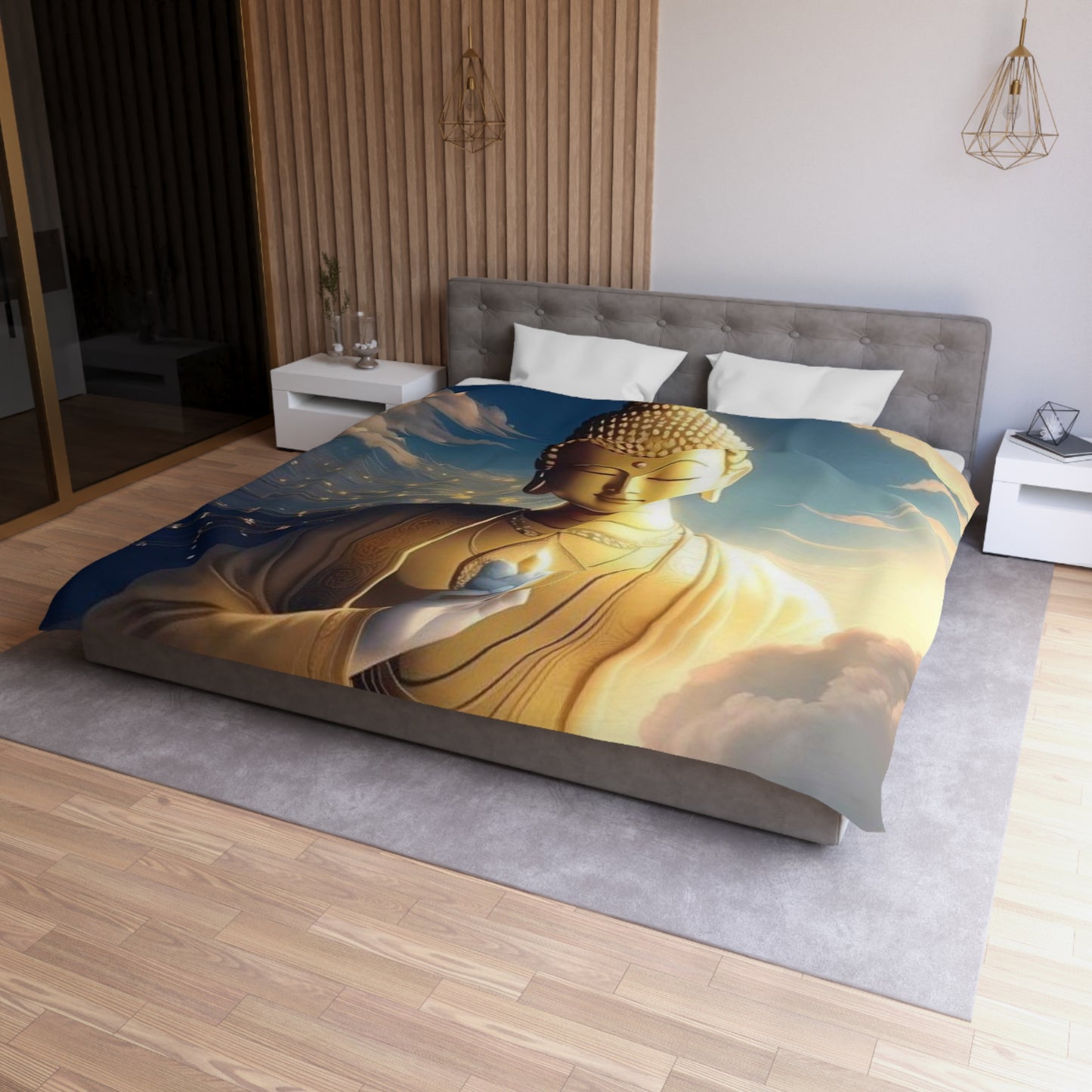 Golden Buddha in the Clouds Duvet Cover – Divine Serenity Bedding by Druvs (All Sizes, Ships Worldwide)